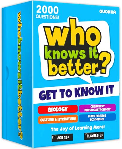 QUOKKA Board Games for Kids 8-12 and Family - Set of 4 Who Knows It Better? - 2000+ Questions Across Biology, Culture, STEM and Math - Educational Trivia Cards for Learning and Game Night