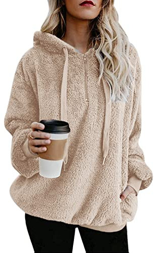Hormtaer Hoodie Damen Oversize Teddy Pullover Teddyjacke Pulli Teddy Fleece Sweatshirt Kapuzenpullover Fleecejacke Kapuzenpulli Warm Langarm Lose Winter Tops Oberteile Casual mit Tasche (Khaki, S)