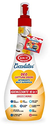 COCCOLATEVI Desodorante 10 en 1 de coco y monoi de 300 ml, atrapa olores, limpiador desinfectante multisuperficie con alcohol a 50°, higieniza, limpia, desodoriza y perfume