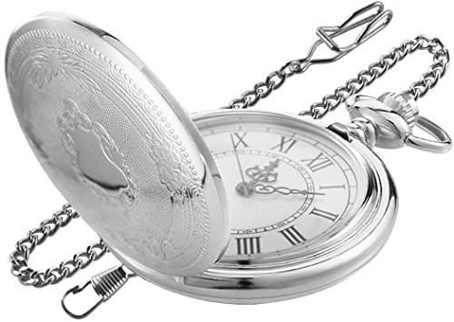 Realpoo Silvery Smooth Shield Round Case Quartz Pocket Watch ,Roman Numeral White Dial Quartz Movement Pocket Watches with Belt Clip Chain-Silvery