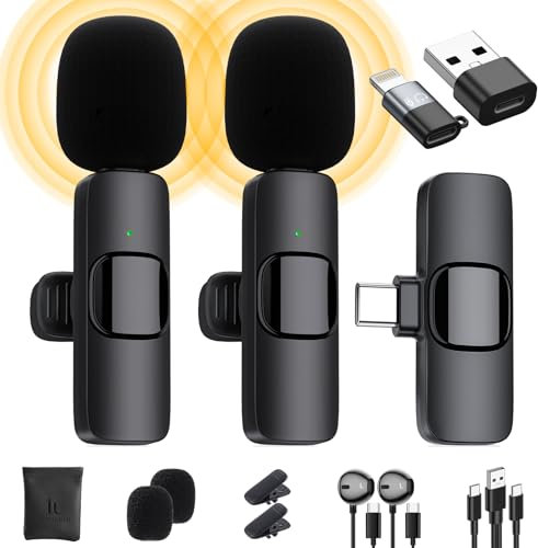 Micro Cravate sans Fil pour iPhone/iPad/Téléphone Android/Ordinateur Portable, IUMAKEVP Plug-Play Microphone à Clipser Revers avec Réduction du Bruit pour Enregistrement Vidéo/Vapeur en Direct(2 Mics)
