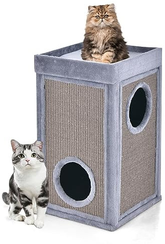 Maxmass 2-Story Cat Play House, Wooden Kitty Litter Box Enclosure with Double Condos, Thick Cushion, Detachable Scratching Board & Mat, Indoor Kitten Washroom Toilet for Living Room, Bedroom