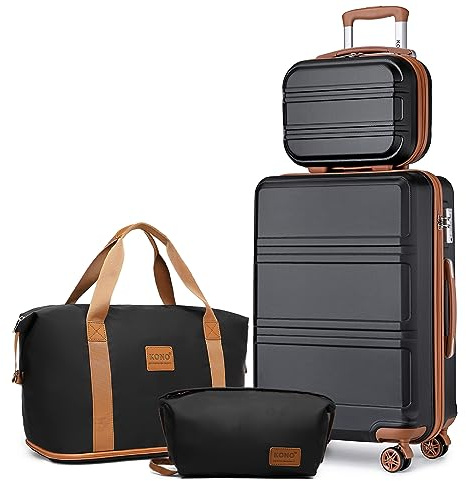 Kono Set de 4 Valises de Voyage Rigide Bagage Cabine 55cm avec Portable Vanity Case et Pliable Sac de Voyage pour Sport avec Trousse de Maquillage, Noir/Marron