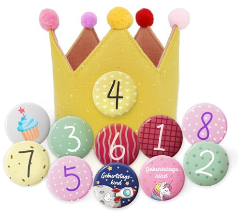 Sugeru Geburtstagskrone Musselin mit Zahlen, krone geburtstag Jungen Mädchen | Kindergeburtstag deko | Partyhüte,Party Deko | für den Kindergeburtstag | Krone aus Button Zahlen von 1-8 (Gelb III)