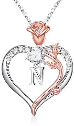 TINGN Rose Heart Necklaces for Women, Love Heart Pendant Letter N Necklace Initial Necklaces for Teen Girls Jewelry Birthday Anniversary Romantic Gifts for Her Women Wife Daughter Bridesmaid