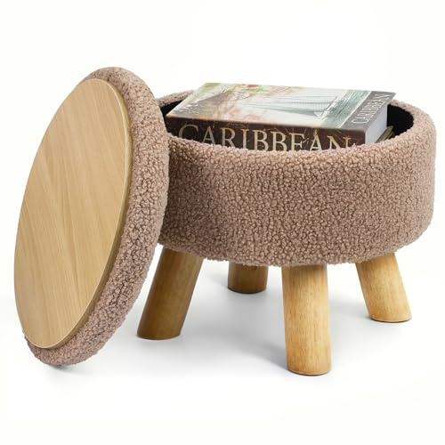 OGEMXU Ottoman Foot Rest, Small Round Ottoman with Storage, Boucle Teddy Velvet FootStool with Wood Legs. (Camel Brown)