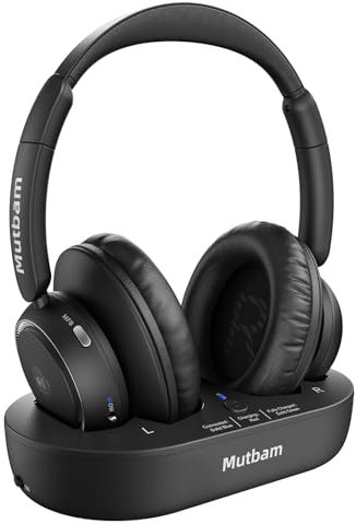 Mutbam Cuffie wireless per TV, cuffie wireless per anziani, 65 ore di lavoro, cuffie Bluetooth con base di ricarica del trasmettitore, senza ritardo, regalo per anziani e problemi di udito