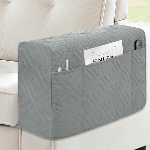 MEHIDFY Sofa Arm Cover, Waterproof Couch Armrest Protector, Anti-Slip Sofa Cover, Remote Holder for Armchair, Recliner Caddy with 3 Pockets for TV Remote, Phone, Pad, Pen, Book(Grey 2pcs)