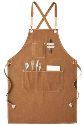 Godneei Heavy Duty Work Apron with 3 Pockets for Men & Women, Antifouling Canvas Tool Apron, Adjustable Neck & Waist Straps for BBQ, Cooking, Gardening, DIY, Brown, 127 cm