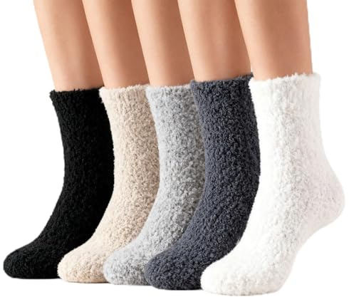 ZKFSIE 5 Pairs Fuzzy Socks 4-7 Winter, Warm Fluffy Socks for Women, Cozy Bed Socks with Soft Microfiber, 5 Pairs in Black, White, Dark Gray, Light Gray