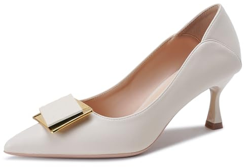 Qynthra Décolleté da Donna con Punta A Punta Tacco Basso con Dettaglio Fibbia Quadrata Metallica per Matrimonio Festa Ufficio Sera,off White(Heel:6cm),39 EU