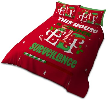 VELVETIO Christmas Duvet Cover Set with Pillowcases, Festive Quilted Xmas Elf Survelliance Bedding Bedset Double, Soft Breathable Microfiber Comforter Quilt, Multi