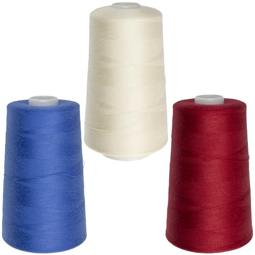 AERZETIX | Set di 3 bobine di filo da cucito 120 (40/2) 4000 m poliestere | colore avorio, blu, rosso | per ricamo, cucito, ricamo, hobby e lavori creativi