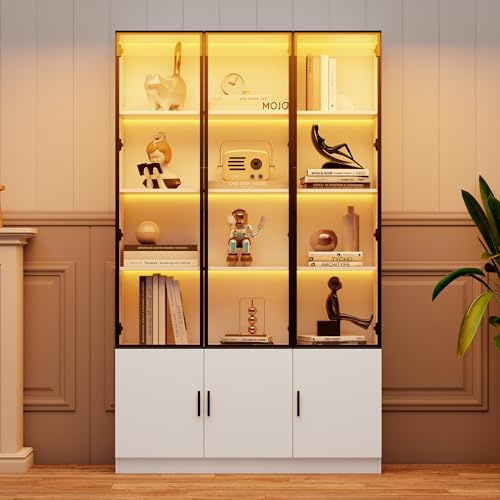 YuQozii Vitrina de 120 x 32 x 200 cm, vitrina de pie con 6 puertas de armario, armario alto, vitrina de cristal con LED, armario de salón de 120 cm de ancho, armario multifunción, armario grande