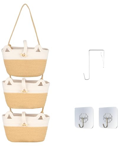 XIANJIA Panier suspendu mural à 3 étages 30 x 20 cm, en tissu de coton, avec crochets, stable et anti-basculement, panier suspendu pour cuisine, salle de bain, chambre à coucher, salon