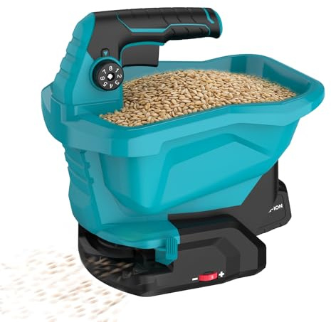 Kouamor Spargitore per batteria da 18 V, spargitore di sale, spargitore di sale, spargitore di sale, spargitore, 105 – 140°, 3,3 l, 2200 rpm, 8 ospiti e 6 velocità, per la semina del ghiaccio (blu)