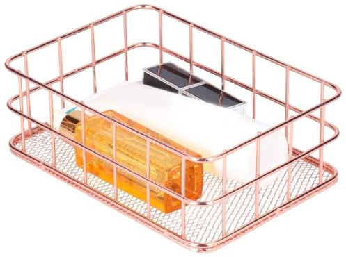 Cestino Portaoggetti in Metallo Oro Rosa, 2 Pezzi Cestino in Metallo Rettangolare Cesti, Versatile Organizer Bagno Porta Patate, Cesto Frutta, Cestino Bagno Per Bagno Ufficio Cucina E Dec (Small Size)