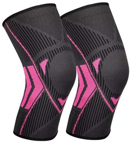 Ruilala Knee Support Adjustable Knee Brace 2 Pack for Men Women Anti Slip Compression Knee Sleeve for Meniscus Tear, Arthritis, Tendinitis, Ligament Injury, Weight Lifting, Sports (Rose, M)