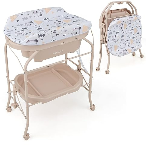 COSTWAY Table à Langer 2 en 1 avec Baignoire 20L Plateau de Rangement, Commode à Langer Pliable Couches Étanches Roue Universelle à Frein Baignoire Charge 35KG, pour Bébé 0-12 Mois (Beige)