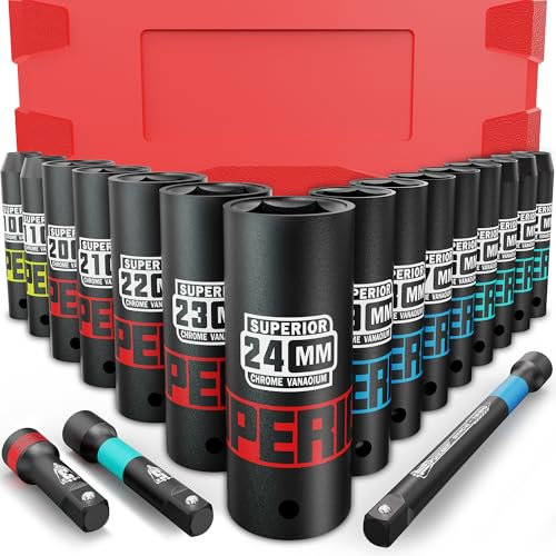 KIRXST Jeu de 18 Douille Longue Hexagonales 1/2 Métriques 10-24 mm Jeu de Douilles Profondes Impact à Douilles pour La Réparation Automobile et Le Remplacement des Pneus