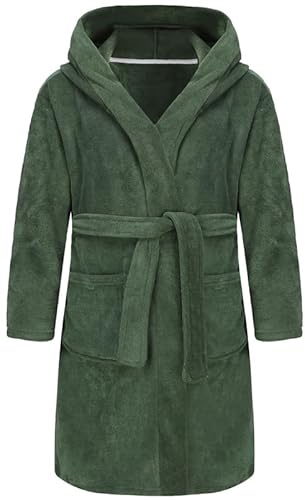 SWMSTUPF Boys Girls Bathrobe Soft Towel Hooded Robe Terry Cloth Cotton Bathrobe (US, Age, 13 Years, 14 Years, Military Green)