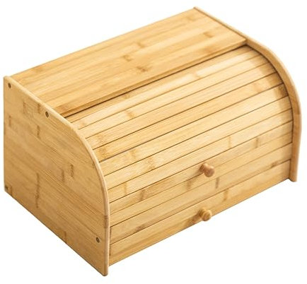 Brigros - Porta Pane Da Cucina In Legno Di Bambù Naturale 40x27 Cm, Contenitore Pane Con Chiusura A Serranda, Portapane Legno Con Design Classico Per La Cucina (Con cassetto)