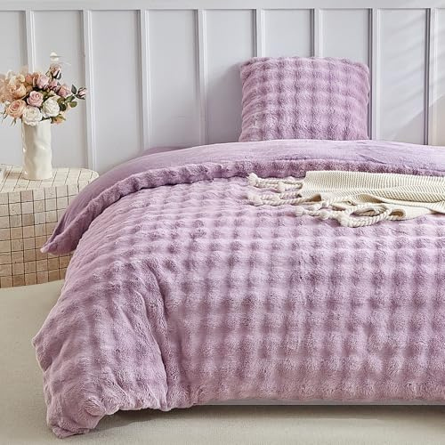 Lekesky Juego de ropa de cama de peluche 135x200 - Ropa de cama esponjosa de imitación de pelo de conejo - Ropa de cama de invierno color lila 135x200 con cremallera y 1 funda de almohada con