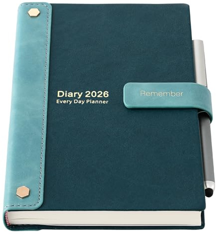 Agenda académique 2026, Agenda 26 A5 une page par jour, Agenda annuel relié Jan-Déc 2026, Planificateur mensuel hebdomadaire avec stylo, autocollants, poche intérieure (Vert 2026, A5)