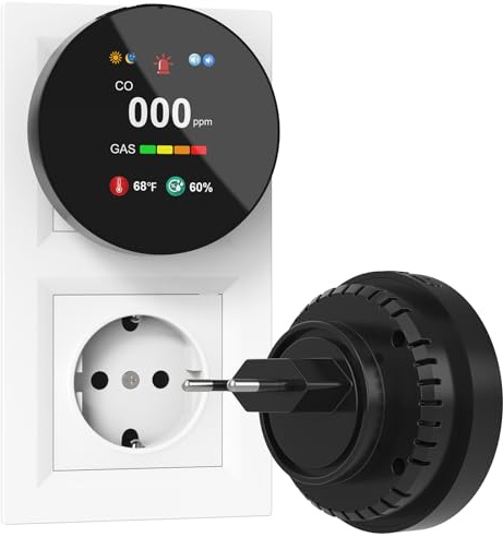 CHZHVAN Rilevatore Gas e Monossido di Carbonio 4-in-1 Plug-in, Allarme di CO con Regolazione Luminosità Schermo, Rivelatore di Naturale Gas, Nero
