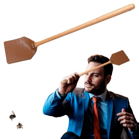 Mimoqk - Raqueta antimoscas y avispas (49 cm, mango de madera, piel sintética, para cocina, jardín, salón, restaurante