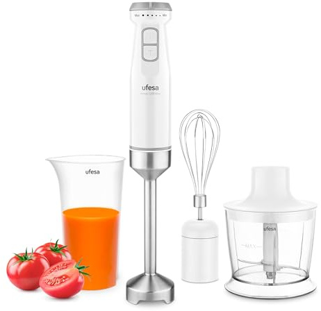 Ufesa Batidora de Mano Venus Max 1200W con Función Turbo, 4 Cuchillas Inox, Velocidad Variable, Diseño Antisalpicaduras, Set 3 en 1 con Picadora, Batidor y Vaso Medidor