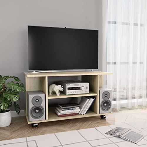 Nqyjm TV-Ständer mit Regal und 2 Schubladen, TV-Schrank und Rollen, Sonoma-Eiche, 80 x 40 x 45 cm, Holz, Fernsehtisch, niedriger TV-Schrank für Wohnzimmer