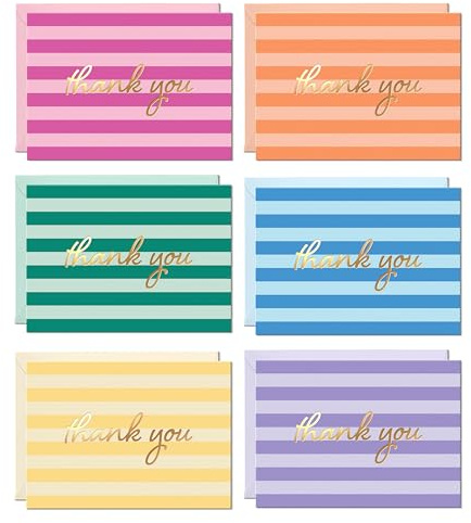 SWEETZER & ORANGE Thank You Cards Boxed Set, 24 Pack Coastal Stripes Notes With Gold Foil, 4 x 5.5 Blank Cards With 6 Designs and 6 Color Envelopes, Assorted Thank You Stationery