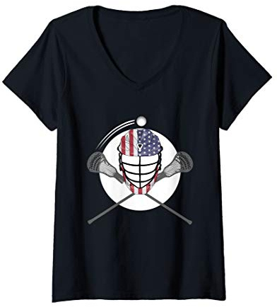 Womens Lacrosse Helmet and Sticks, American Flag Lax Helmet T-Shirt V-Neck T-Shirt