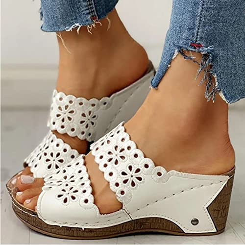 HHZYT Zuecos y Mules de Cuña para Mujer Sandalias Cómoda Plataforma Bordado de Verano con Punta Abierta Zapatillas Zapatos para Caminar en La Playa,Blanco,US8/EU39