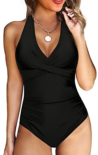 Maillots de Bain Une Pièce pour Femme, Col en V, Coussinets Internes Amovibles pour Le Contrôle du Ventre Push Up Maillots de Bain Dos Nu, 1 Pièce Elégant Amincissante Monokini Maillot (Noir, L)