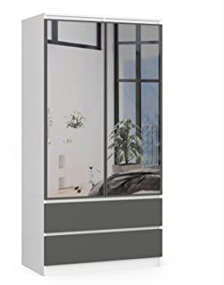 BDW Kleiderschrank 2 Türen 2 Schubladen 2 Spiegel für das Schlafzimmer Wohnzimmer Diele 180x90x51 (Weiß-Grau)