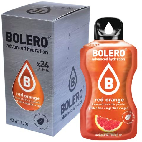 Bolero Bebida 24 bolsitas de 3 g g de fruta preparada en polvo soluble para bebida fresca en agua, 72 gramos endulzado con stevia (Red Orange)