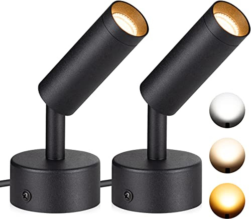 SUNVIE 2 Pack Spot Lights Indoor, 3W Plant Uplights Indoor with 10 FT Plug Cord, 3000K/4000K/5000K Adjustable Dimmable Floor Spotlight Lamp, 120V LED Uplighting for Artwork Wall Accent Lighting