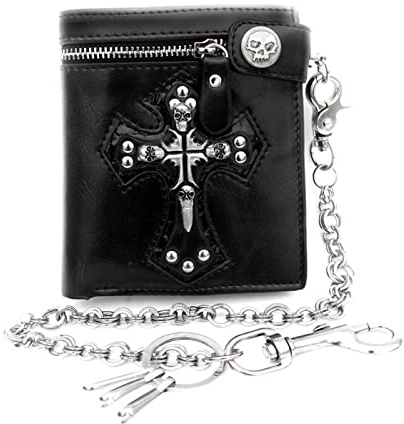 Portefeuille Homme Mens Boys Goth Skull Cross Black Leather Biker Punk Snap Zipper Wallet avec Long Porte-clés Portefeuille à Chaîne pour Hommes