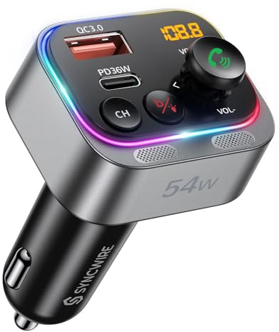 Syncwire FM Transmitter 5.4 Bluetooth Adapter Auto 54W PD & QC 3.0 USB C Auto Ladegerät [Stärkere Dual-Mikrofone | HiFi-Basston | Schnellladung | Lichtschalter | Kabelloser Radioempfänger]