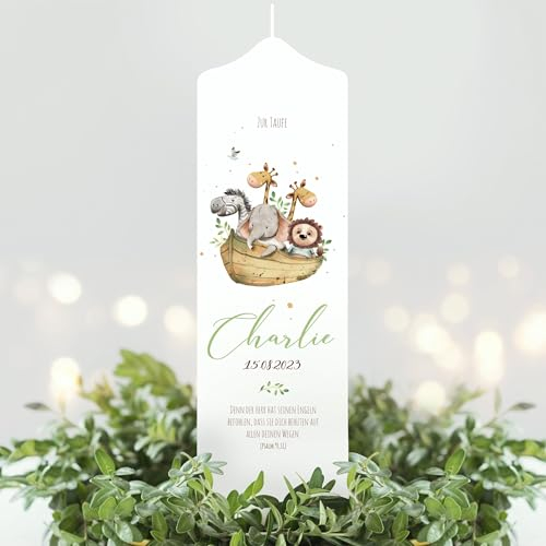Wandtattoo Loft Taufkerze oder Kerze zur Geburt Junge Mädchen Arche Noah Tiere in einem Boot, pastell mit Namen, Datum und Spruch, Taufkerze 25 x 7 cm