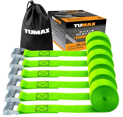 TUMAX 1 x 12' Lashing Straps Cargo Tie-Down Strap Up to 900lbs, 6pk Cam Buckle Tie Down Strap for Cargo Lashing, with Carrying Bag, Green