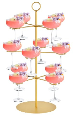 QPIX DIGITAL Champagne Tower,Metal Cocktail Tree Stand 3 Tier - 12 Holders For Champagne, Cocktails, Martini, Margarita Cups at Weddings,Bridal Parties & Events,Cocktail Glass Gold Holder