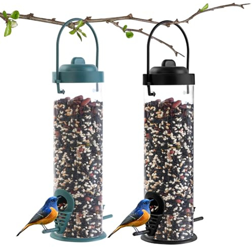 OFFCUP Comedero para Pájaros, 2PCS Colgando Alimentador, Comedero de Semillas Aves Silvestre con 2 Lugares de Acceso, Comedero para pájaros en Forma de Columna para Mezclas de Semillas (Verde+Negro)