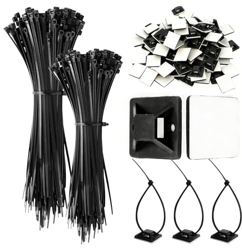 Set di 200 fascette bianche per cavi, supporti adesivi da 120 mm e 150 mm e 100 cuscinetti autoadesivi resistenti con cuscinetti adesivi per fascette, per casa, ufficio, garage, officina