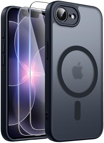 FLLAO for iPhone 17e Case/iPhone 16e Case, Magnetic Case with 2 Tempered Glass Screen Protector, Full Camera Protection, Military-Grade Shockproof, Translucent Matte Case, Black