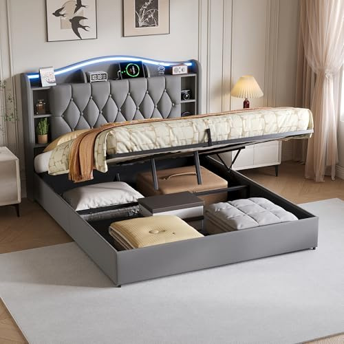 Letto Matrimoniale Contenitore 160x200 cm, con Archiviazione Idraulica, Deposito Nella Testata, LED, Ricarica Wireless e USB. Struttura in Velluto Grigio, Rete in Doghe di Legno, Senza Materasso