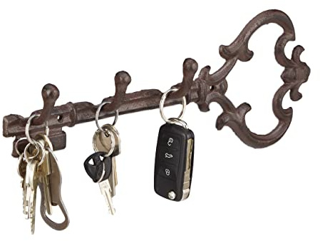 Relaxdays Schlüsselbrett, 3 Haken, dekorative Schlüsselform, Vintage, antik, Gusseisen, HBT 12,5 x 33 x 4,5 cm, braun