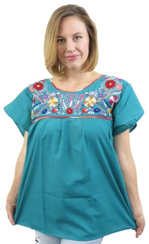 Ethnic Identity Mexican Puebla Blouse for Women, Hand Embroidered Casual Blouse, Woman's Short Sleeve Shirt, or Ladies Tops for Summer (Teal Green, Medium)